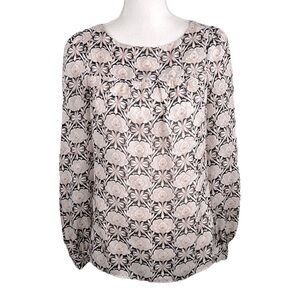 LOFT Ann Taylor Black & Tan Floral Sheer Long Sleeve Business Career Top Size XS